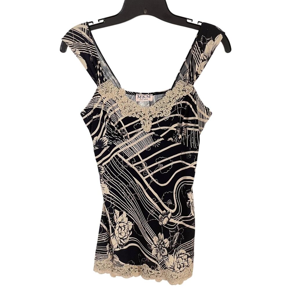 VTG Black Beige Lace Trim Babydoll Tank Top M Y2K Fairy Grunge Bratz USA Glitter